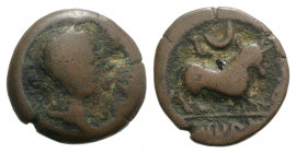 Spain, Castulo, early 1st century BC. Æ Semis (18mm, 3.94g, 9h). Diademed male head r.; letter before. R/ Bull standing r., head facing; L and crescen...