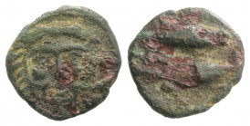 Spain, Gadir (Gades), c. 235-200 BC. Æ Half Unit (16mm, 2.63g, 2h). Head of Melqart (Herakles) facing, wearing lion skin. R/ Two tunnies l. CNH 24-6. ...