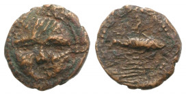 Spain, Gadir (Gades), 2nd century BC. Æ Quarter Unit (15mm, 2.59g, 12h). Head of Helios facing. R/ Tunny fish l. CNH 44. Good Fine