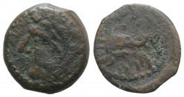 Spain, Gadir (Gades), c. 150-100 BC. Æ Quarter Unit (15mm, 2.38g, 6h). Head of Melqart (Herakles) l., wearing lion skin, club on shoulder. R/ Dolphin ...