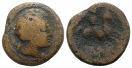 Spain, Kese (Tarraco), c. 150-100 BC. Æ Unit (24mm, 10.07g, 3h). Male bust r., wearing cloak with fibula; "TI" behind. R/ Horseman riding r., holding ...