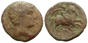 Spain, Kese (Tarraco), c. 150-100 BC. Æ Unit (27mm, 10.58g, 11h). Male bust r., wearing cloak with fibula; "TU" behind. R/ Horseman riding r., holding...