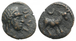 Spain, Obulco, 1st century BC. Æ Semis (18mm, 3.97g, 11h). Laureate head of Apollo r. R/ Bull advancing r., head facing; crescent above. CNH 81-2. Abo...