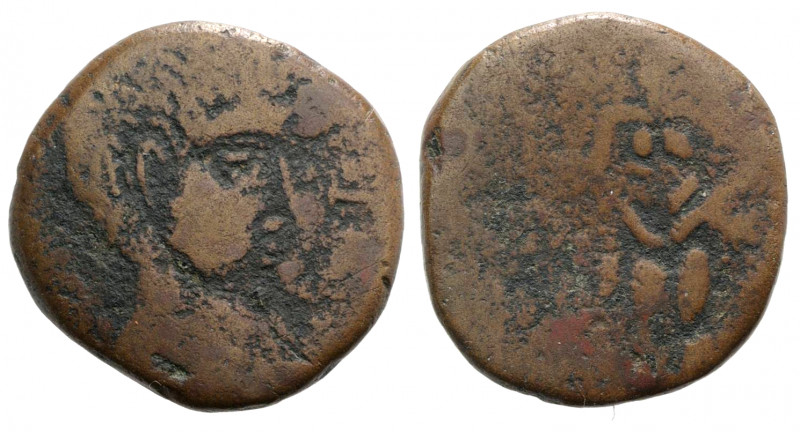 Spain, Oset, 1st century BC. Æ (21mm, 5.77g, 7h). Male head r. R/ Dionysos stand...