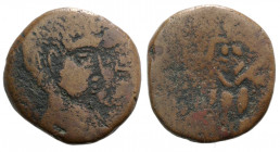 Spain, Oset, 1st century BC. Æ (21mm, 5.77g, 7h). Male head r. R/ Dionysos standing l., holding grapes. CNH 9. Brown patina, Fine