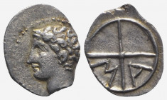 Gaul, Massalia, c. 218/5-200 BC. AR Obol (11mm, 0.62g, 6h). Bare head of Apollo l. R/ MA within wheel of four spokes. Depeyrot, Marseille 18; SNG Leip...