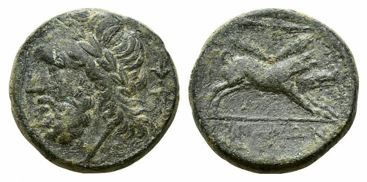 Northern Apulia, Arpi, c. 325-275 BC. Æ (21mm, 6.80g, 6h). Head of Zeus l.; thun...