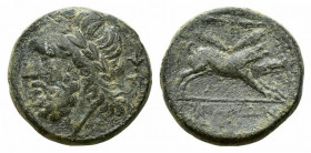 Northern Apulia, Arpi, c. 325-275 BC. Æ (21mm, 6.80g, 6h). Head of Zeus l.; thunderbolt behind. R/ Boar standing r.; spear-head above. HNItaly 642; SN...