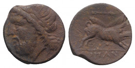 Northern Apulia, Arpi, 3rd century BC. Æ (19.5mm, 7.45g, 6h). Laureate head of Zeus l. R/ Boar r.; spear above. HNItaly 642. Brown patina, VF