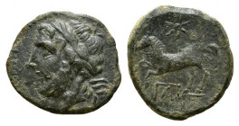 Northern Apulia, Arpi, c. 325-275 BC. Æ (17mm, 2.91g, 9h). Laureate head of Zeus l. R/ Horse rearing l.; star above, monogram below. HNItaly 644; SNG ...