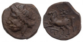 Northern Apulia, Arpi, c. 325-275 BC. Æ (15mm, 3.45g, 11h). Laureate head of Zeus l. R/ Horse rearing l.; star above, monogram below. HNItaly 644; SNG...