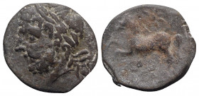 Northern Apulia, Arpi, c. 325-275 BC. Æ (15mm, 3.18g, 6h). Laureate head of Zeus l. R/ Horse rearing l.; star above, monogram below. HNItaly 644; SNG ...