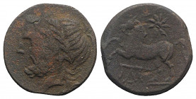 Northern Apulia, Arpi, c. 325-275 BC. Æ (14mm, 3.48g, 3h). Laureate head of Zeus l. R/ Horse rearing l.; star above, monogram below. HNItaly 644; SNG ...