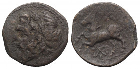Northern Apulia, Arpi, c. 325-275 BC. Æ (15mm, 3.23g, 6h). Laureate head of Zeus l. R/ Horse rearing l.; star above, monogram below. HNItaly 644; SNG ...