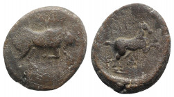 Northern Apulia, Arpi, c. 275-250 BC. Æ (21.5mm, 9.42g, 9h). Poullos, magistrate. Bull charging r. R/ Horse galloping r. HNItaly 645. Good Fine