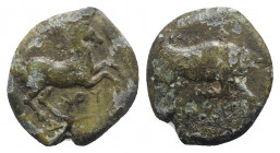 Northern Apulia, Arpi, c. 275-250 BC. Æ (18.5mm, 6.54g, 11h). Poullos, magistrate. Bull charging r. R/ Horse galloping r. HNItaly 645. Green patina, G...