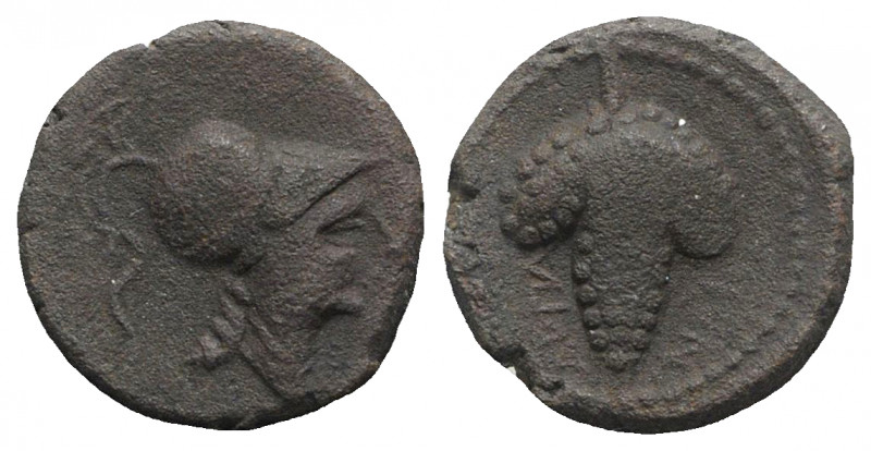 Northern Apulia, Arpi, c. 215-212 BC. Æ (13.5mm, 3.82g, 6h). Helmeted head of At...