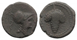 Northern Apulia, Arpi, c. 215-212 BC. Æ (13.5mm, 3.82g, 6h). Helmeted head of Athena r. R/ Bunch of grapes. HNItaly 650; SNG ANS 646. Near VF