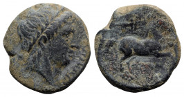 Northern Apulia, Salapia, c. 225-210 BC. Æ (22mm, 8.09g, 6h). Poullos, magistrate. Laureate head of Apollo r. R/ Horse prancing r.; trident above. HNI...