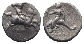 Southern Apulia, Tarentum, c. 390-385 BC. AR Nomos (20mm, 7.65g, 3h). Youth on horse galloping r. R/ Phalanthos, holding [torch], astride dolphin l. V...