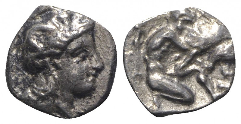 Southern Apulia, Tarentum, c. 380-325 BC. AR Diobol (10mm, 1.03g, 6h). Head of A...
