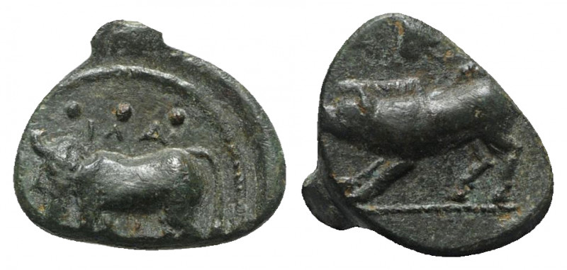 Sicily, Halykiai, c. 390-370 BC. Æ Tetras or Trionkion (15mm, 2.87g, 4h). Man-he...