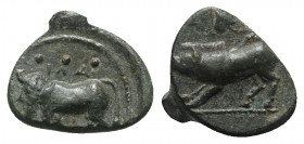 Sicily, Halykiai, c. 390-370 BC. Æ Tetras or Trionkion (15mm, 2.87g, 4h). Man-headed bull l.; three pellets above. R/ Boar l.; ivy-leaf above. CNS I, ...