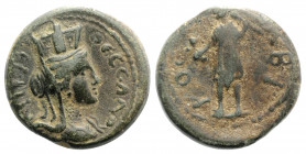 Macedon, Thessalonica. Pseudo-autonomous issue, time of Commodus (177-192). Æ (20mm, 6.02g, 12h). Turreted and draped bust of Tyche r. R/ Kabeiros sta...
