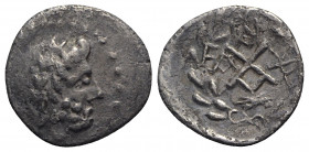 Achaia, Achaian League. Elis, c. 50 BC. AR Hemidrachm (16mm, 1.96g, 12h). Laureate head of Zeus r. R/ Monogram of the Achaian League; above, ΠA monogr...