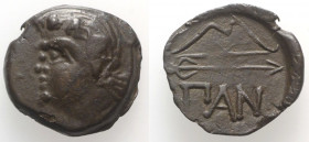 Cimmerian Bosporos, Pantikapaion, c. 304/3-250 BC. Æ (16mm, 2.97g, 12h). Wreathed head of Pan l. R/ Bow and arrow. MacDonald 116; HGC 7, 116. Brown pa...
