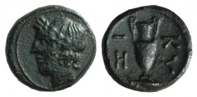 Mysia, Kyzikos, c. 4th century BC. Æ (9mm, 0.79g, 12h). Laureate head of Apollo l. R/ Amphora; below, tunny r. Von Fritze III 2; SNG BnF 411; SNG Cope...