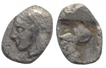 Mysia, Lampsakos, c. 5th century. AR Tetartemorion (6mm, 0.19g, 12h). Female janiform(?) head. R/ Helmeted head of Athena l. within incuse square. Unp...