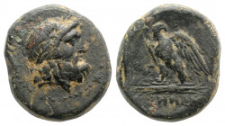 Mysia, Pergamon, early-mid 2nd century BC. Æ (20mm, 8.15g, 12h). Head of Asklepios r. R/ Eagle standing l., head r., on thunderbolt. SNG BnF 1870–1. B...