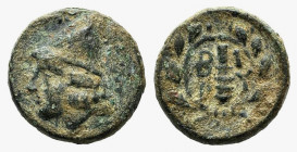 Troas, Birytis, c. 350-300 BC. Æ (11mm, 1.36g, 6h). Head of Kabeiros l., wearing pileos; two stars above. R/ Club within wreath. SNG Copenhagen 249. G...