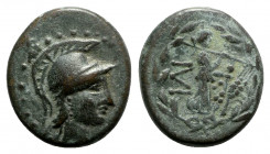 Troas, Ilion, c. 95-87 BC. Æ (17mm, 4.17g, 12h). Helmeted head of Athena r. R/ Athena Ilias walking r.; grain ear before; all within olive-wreath. Bel...