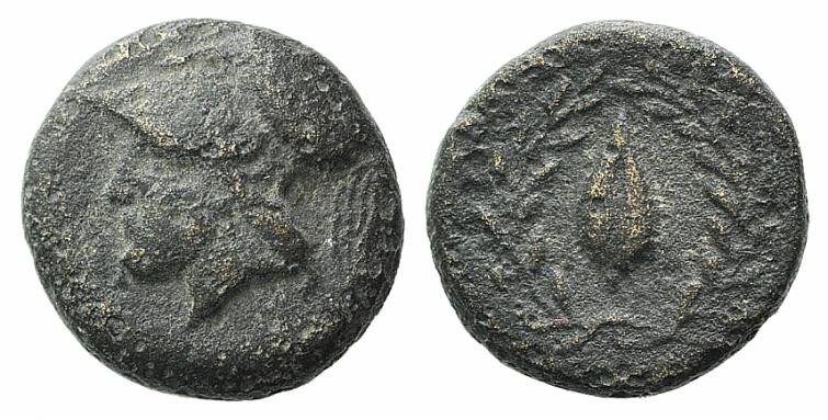 Aeolis, Elaia, mid 4th-3rd century BC. Æ (9mm, 1.53g, 11h). Helmeted head of Ath...