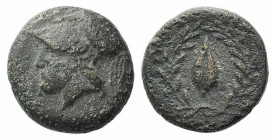 Aeolis, Elaia, mid 4th-3rd century BC. Æ (9mm, 1.53g, 11h). Helmeted head of Athena l. R/ Grain-seed within olive-wreath. SNG Copenhagen 171-2. Near V...