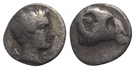 Caria, Uncertain, c. 400-340 BC. AR Hemiobol (6mm, 0.40g, 9h). Head of ram r. R/ Head of young male r. SNG Kayhan 997; SNG Keckman 885. Near VF