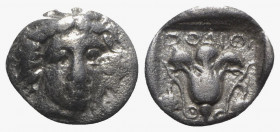 Islands of Caria, Rhodes, c. 408/7-390 BC. AR Hemidrachm (11mm, 1.78g, 12h). Head of Helios facing slightly r. R/ Rose within incuse square. Ashton 18...