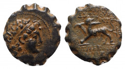 Seleukid Kings, Antiochos VI (144-142 BC). Serrate Æ (17mm, 3.59g, 1h). Antioch on the Orontes, c. 143-2 BC. Radiate and diademed head of Antiochos VI...