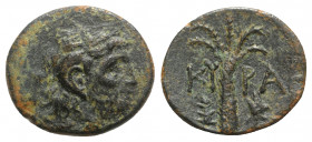 Kyrenaica, Kyrene. Time of Magas (King of Kyrene, c. 282/75-261 BC). Æ (20.5mm, 5.51g, 12h). Head of Zeus-Ammon r., wearing tainia. R/ Palm tree; silp...