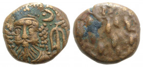 Kings of Elymais, Orodes II (c. AD 100-150). Æ Drachm (14mm, 3.74g). Facing bust wearing tiara; anchor to r. R/ Dashes. Van’t Haaff Type 13.3. Good VF...