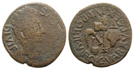 Augustus (27 BC-AD 14). Spain, Carthago Nova. Æ As (28mm, 9.52g, 11h). C. Var. Rufus and Sextus Iulius Poll, duoviri. Laureate head r. R/ Emblems of t...