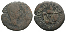 Augustus (27 BC-AD 14). Spain, Carthago Nova. Æ Semis (23mm, 6.13g, 6h). C. Var. Rufus and Sextus Iulius Poll, duoviri. Laureate head r. R/ Emblems of...