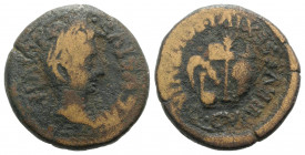 Augustus (27 BC-AD 14). Spain, Carthago Nova. Æ Semis (23.5mm, 8.27g, 9h). C. Var. Rufus and Sextus Iulius Poll, duoviri. Laureate head r. R/ Emblems ...