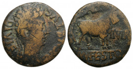 Augustus (27 BC-AD 14). Spain, Celsa. Æ As (27mm, 9.83g, 5h). L. Baggius and Mn. Flavius Festus, duoviri. Laureate head r. R/ Bull standing r., head f...