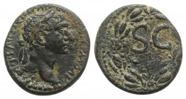 Trajan (98-117). Seleucis and Pieria, Antioch. Æ (22mm, 6.93g, 12h). Laureate head r. R/ Large SC; I below; all within laurel wreath. McAlee 487j; RPC...