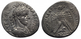 Macrinus (217-218). Cyrrhestica, Hierapolis. AR Tetradrachm (26mm, 12.10g, 12h). Laureate, draped and cuirassed bust r. R/ Eagles standing facing, hea...
