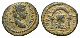 Elagabalus (218-222). Seleucis and Pieria, Laodicea ad Mare. Æ (17mm, 4.50g, 6h). Laureate head r. R/ Turreted and draped bust of Tyche r. within dist...