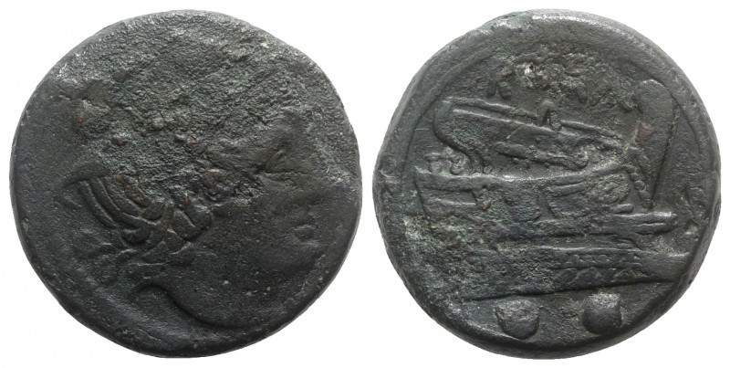 Anonymous, Rome, 217-215 BC. Æ Sextans (30mm, 24.18g, 1h). Head of Mercury r., w...